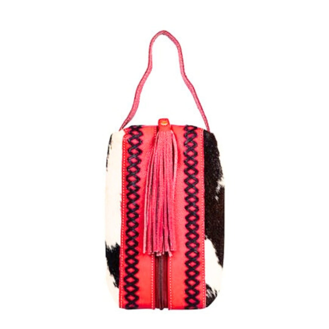 Luxe Hair-On Hide And Red Leather Cosmetic Bag With Zipper-Closure And Tassel