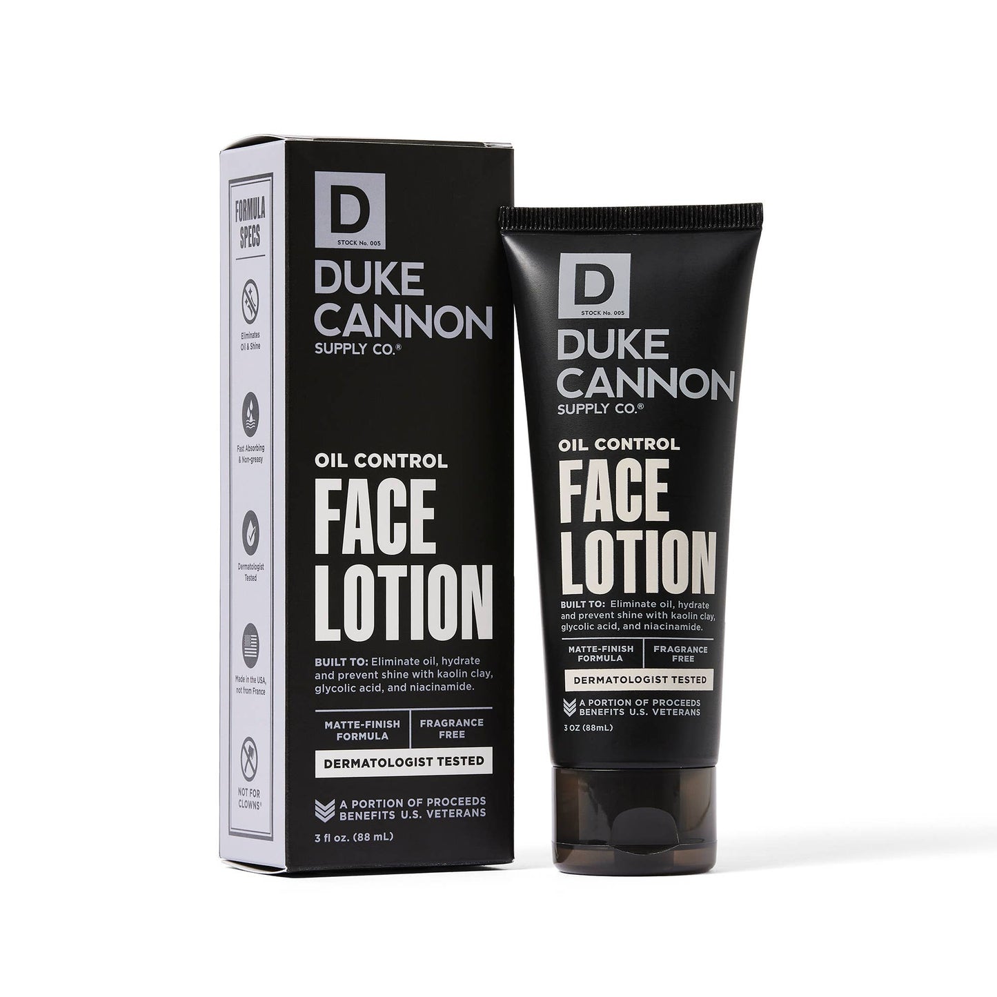 a tube of duke cannon oil control face lotion