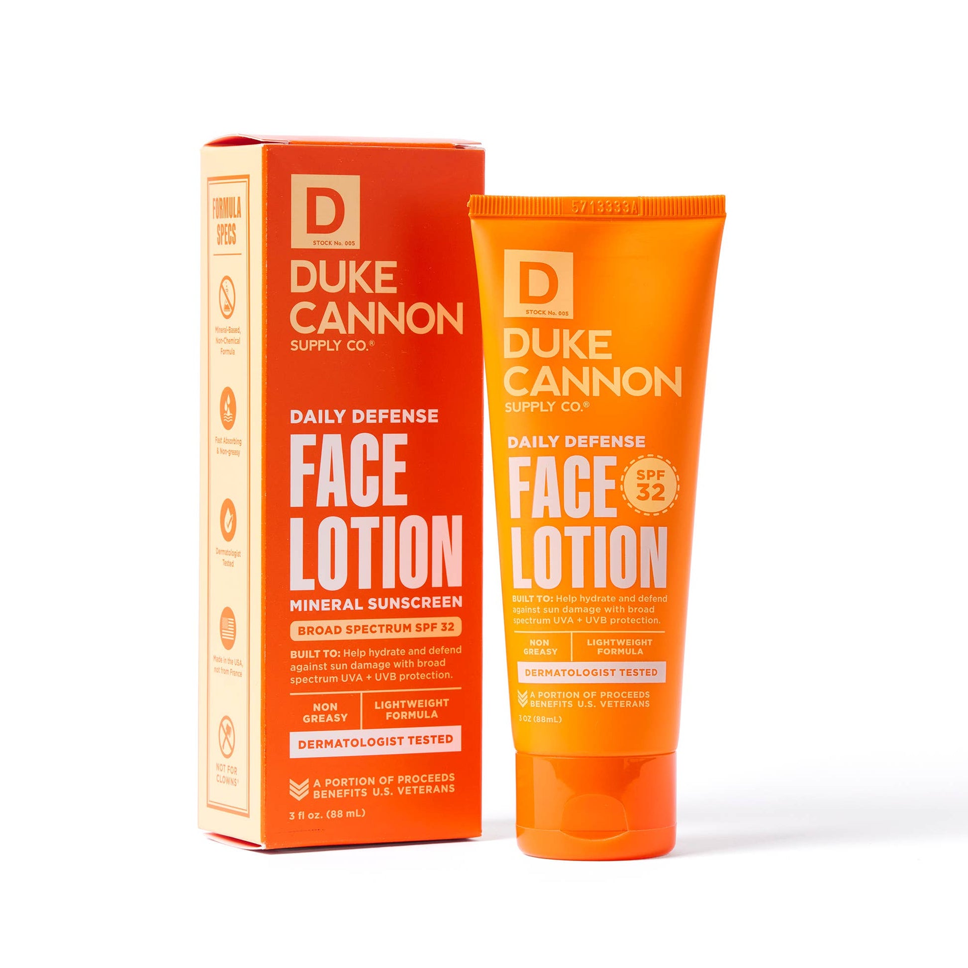 a tube of duke cannon face lotion next to a box