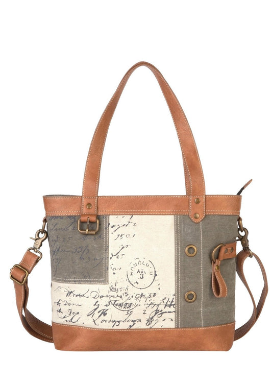 Mona B's Vintage Script Up-Cycled Canvas Handbag with Vegan Leather Trim