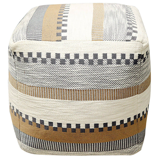 a square pouf with a multicolored pattern on it