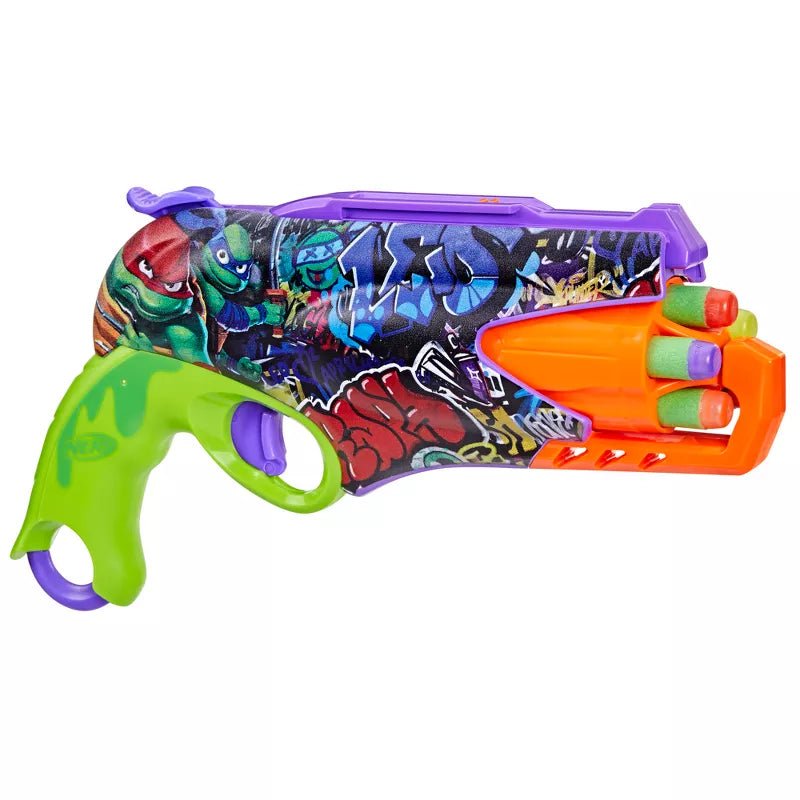 a plastic toy nerf blaster with a colorful design on it