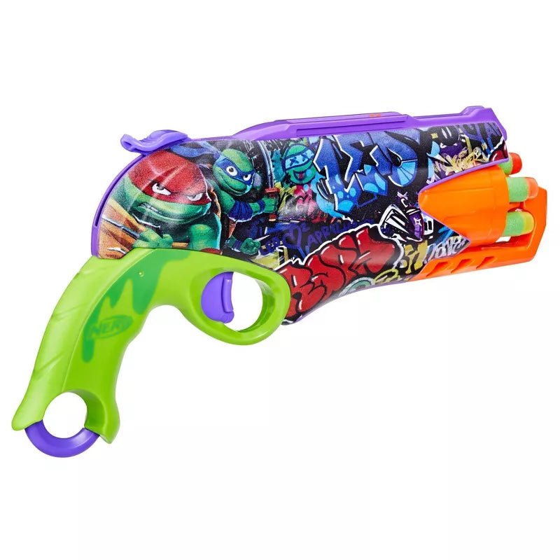 a toy nerf blaster with a bunch of cartoon characters on it