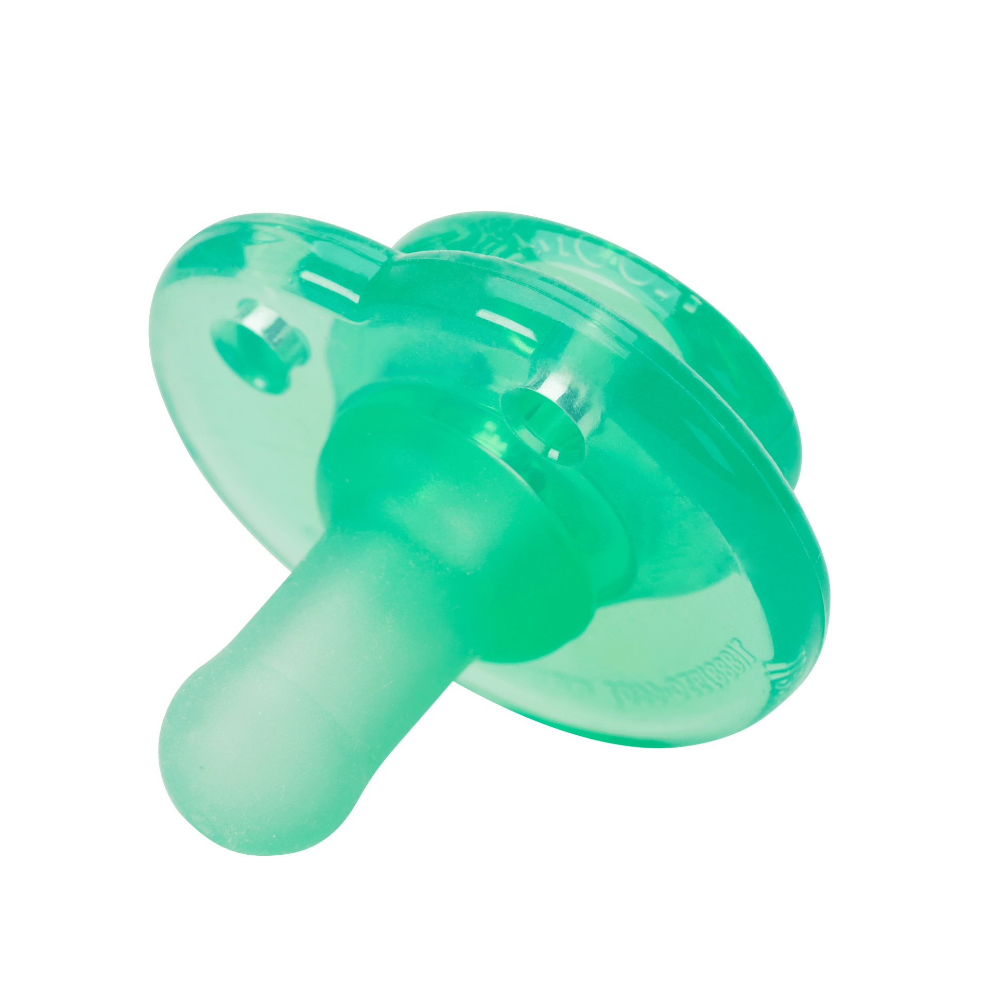 a green pacifier with a white background