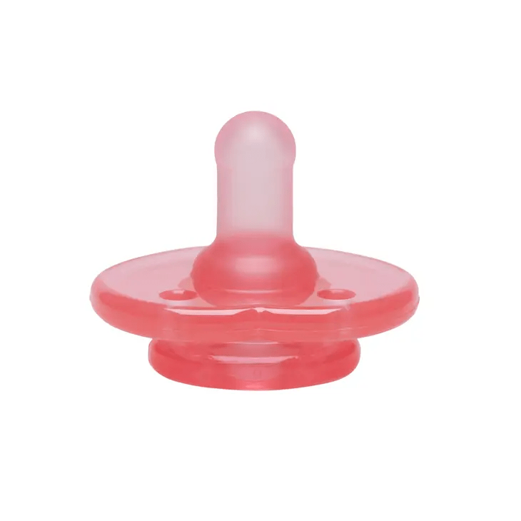 a pink plastic pacifier with a single breast