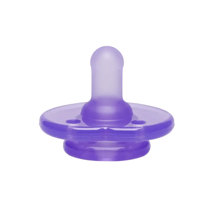 a purple plastic baby pacifier with a white background