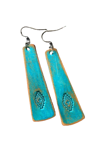 a pair of turquoise and brown earrings