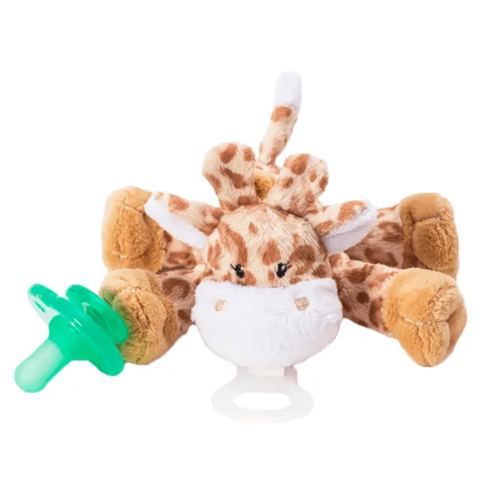 a stuffed giraffe with a pacifier in its mouth