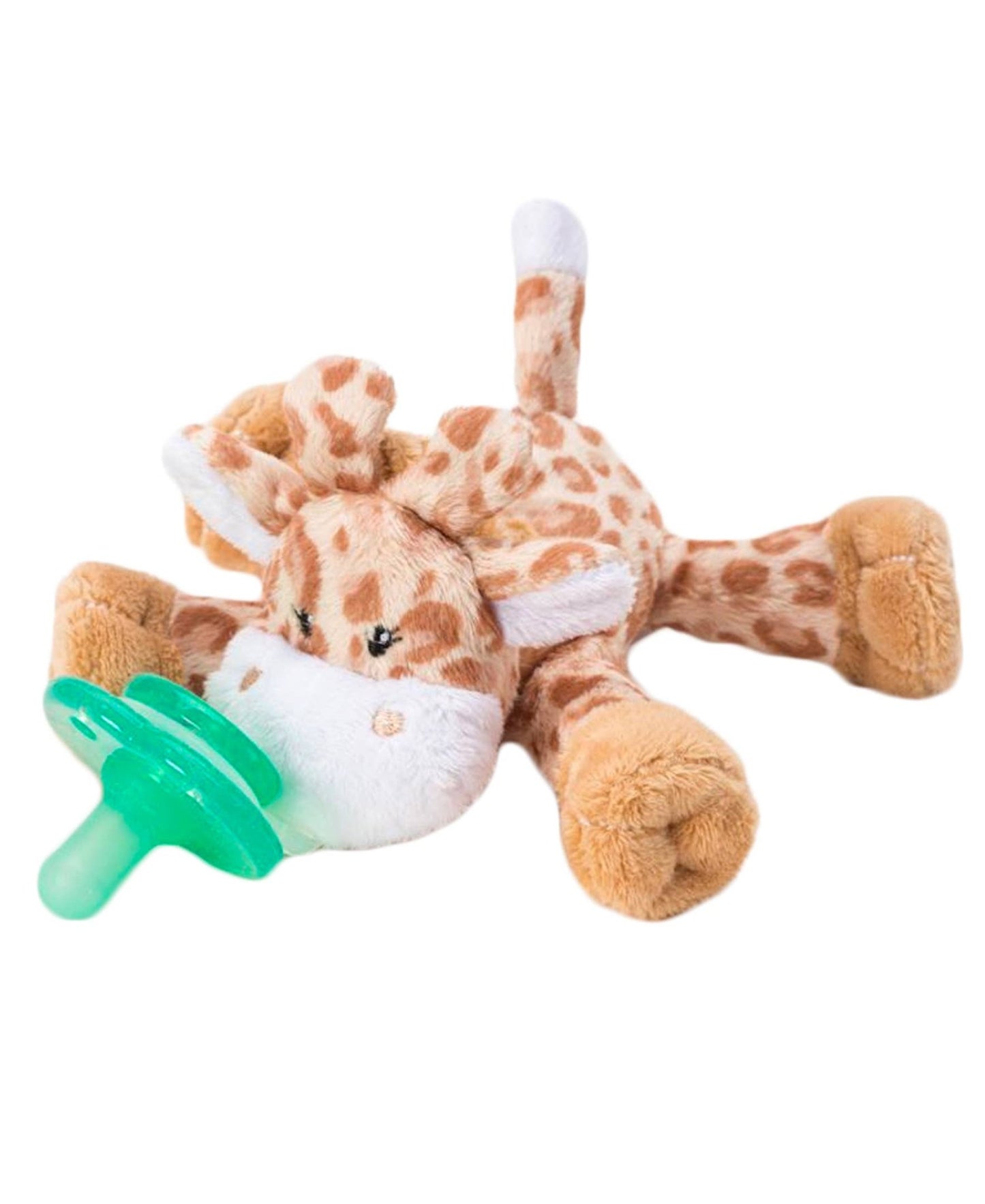 a stuffed giraffe with a pacifier in its mouth