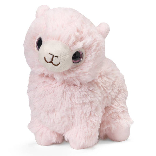 a pink stuffed animal with a white face