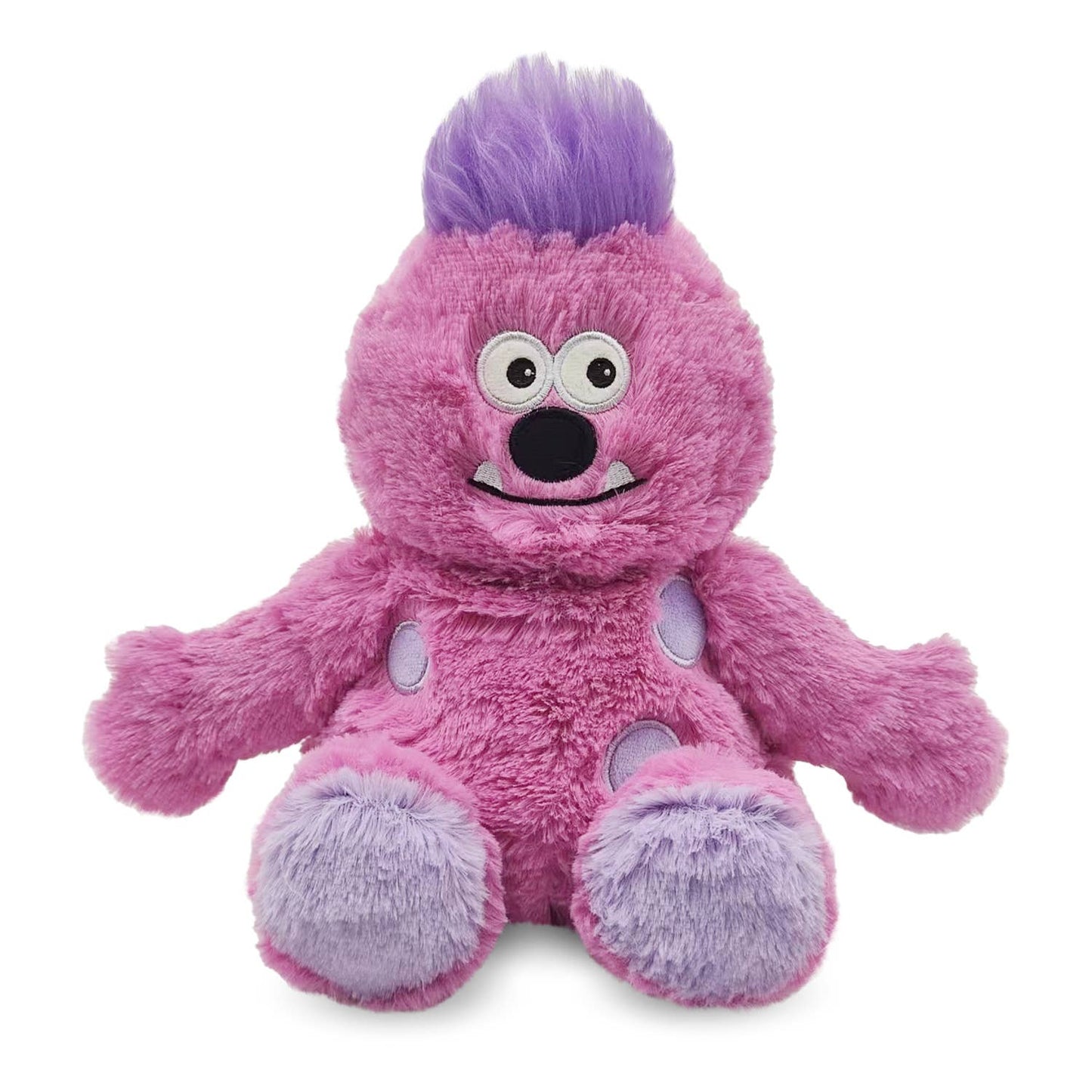 a pink stuffed animal with a purple mohawk