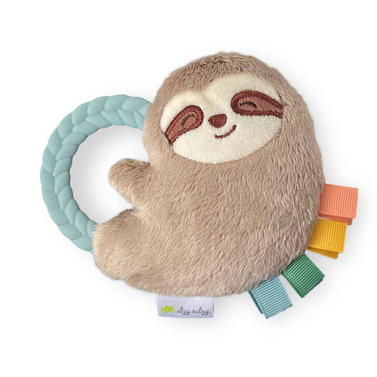 a stuffed sloth teether toy on a white background