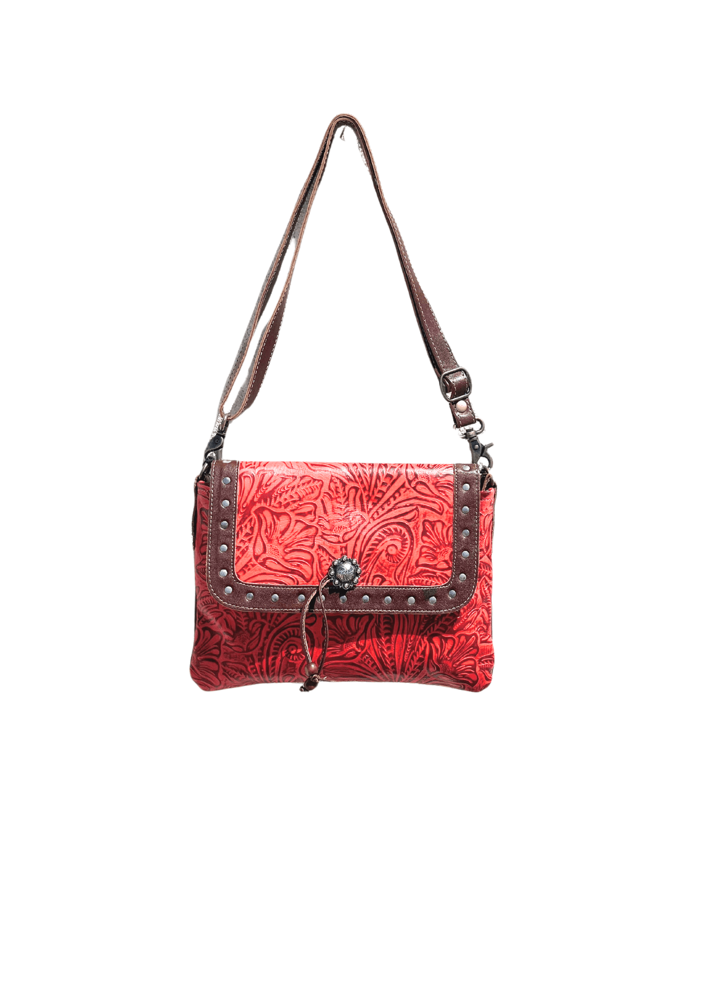 a red and brown purse on a white background