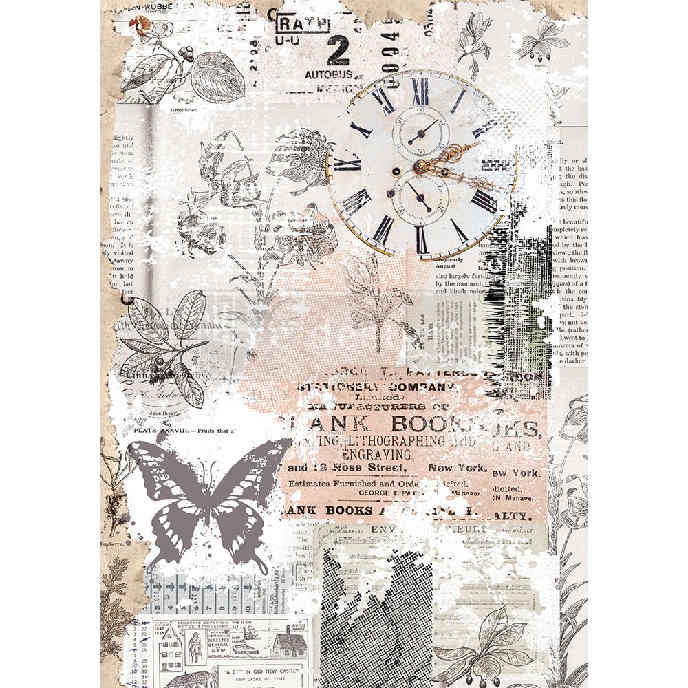 a collage of a clock, flowers, and butterflies