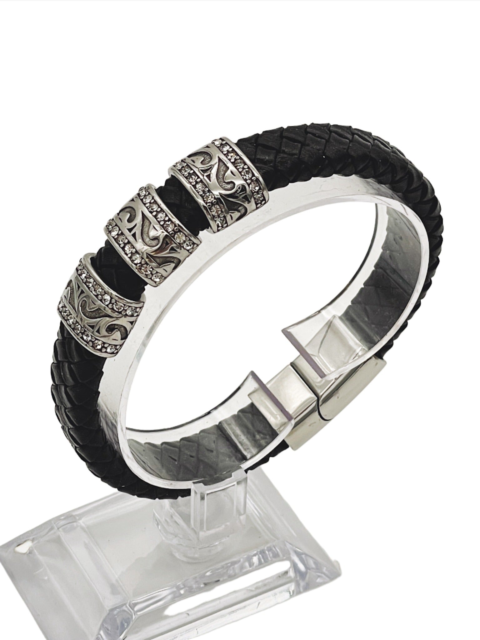 a black leather bracelet with silver accents