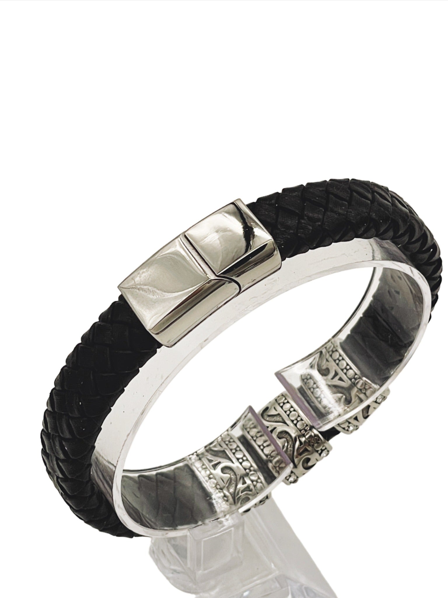 a black leather bracelet with a silver clasp