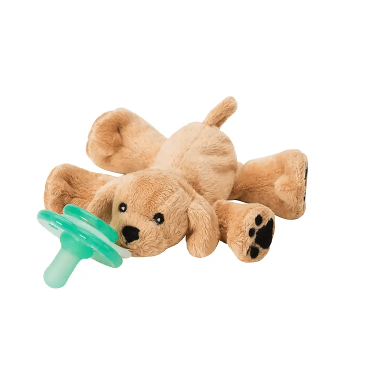 a stuffed dog with a pacifier on its mouth