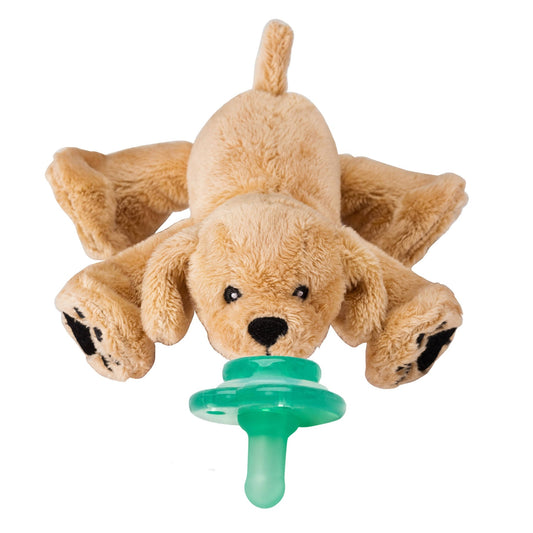 a stuffed dog with a pacifier on its mouth