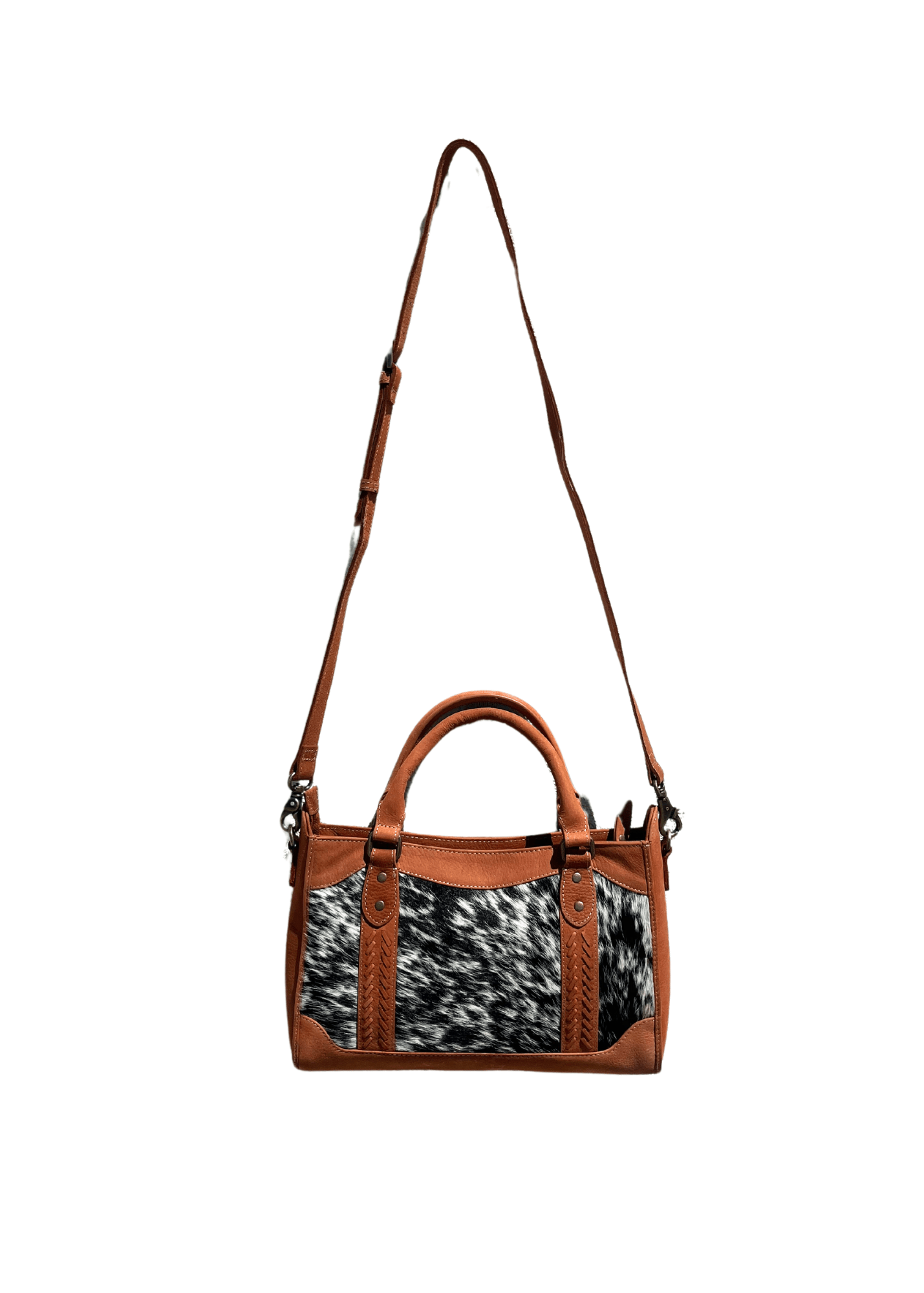 a brown and black handbag on a white background