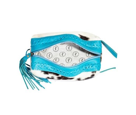 Hair-On Hide & Blue Leather Cosmetic Bag with Zipper Closure & Tassel