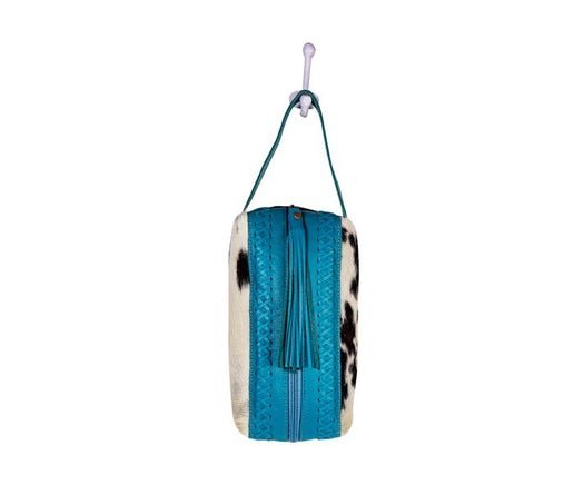 Hair-On Hide & Blue Leather Cosmetic Bag with Zipper Closure & Tassel