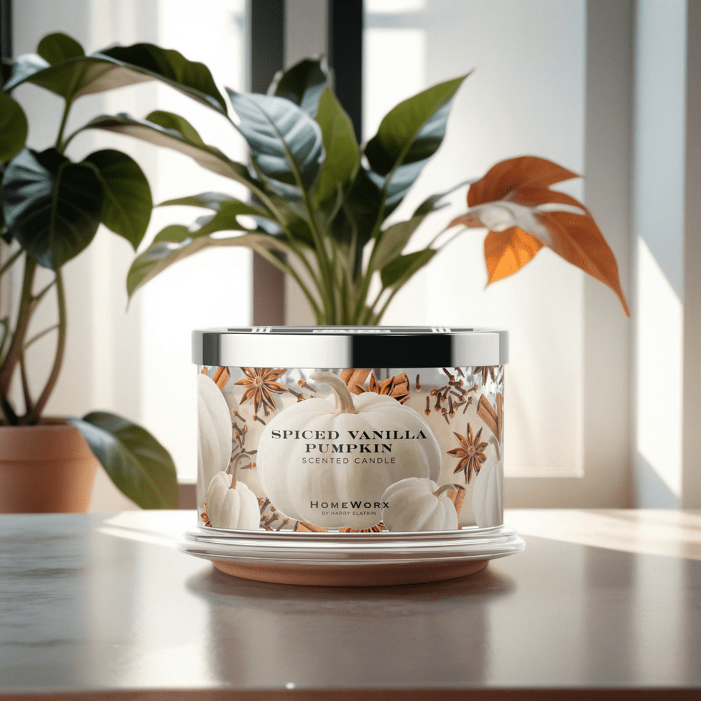 HomeWorx by Slatkin & Co. Spiced Vanilla Pumpkin 18-oz 4-Wick Candle sitting on table in front of houseplant