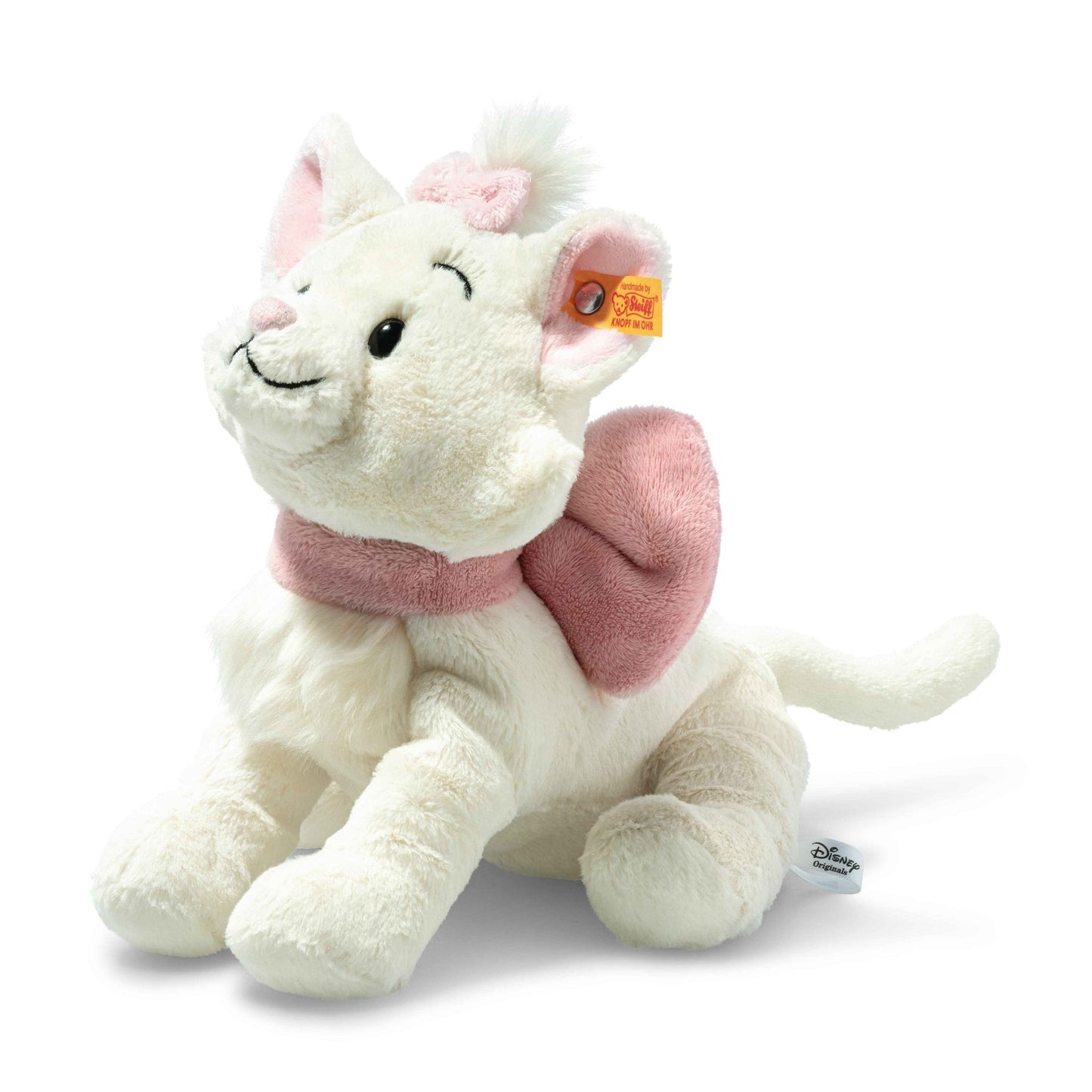 a white stuffed animal with a pink bow around its neck