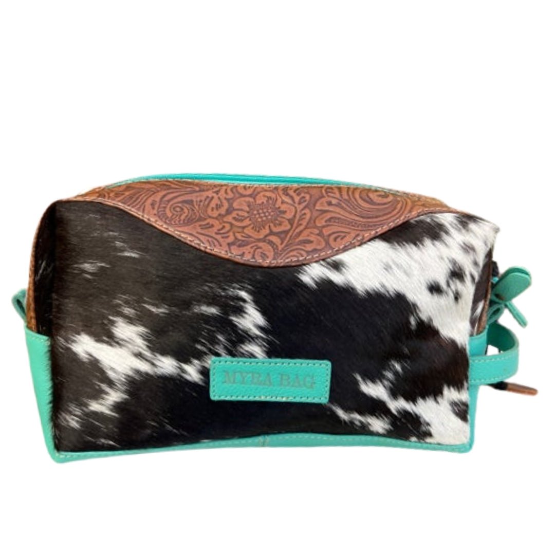 Turquoise Leather Cosmetic Bag with Hair-On Hide & Hand-Tooled Details