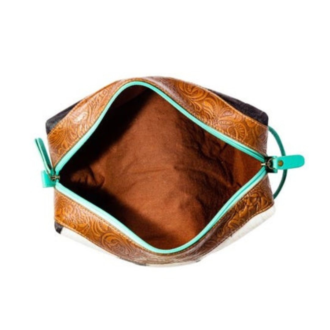 Turquoise Leather Cosmetic Bag with Hair-On Hide & Hand-Tooled Details