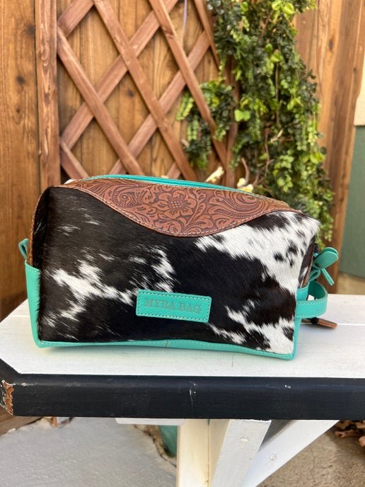 Turquoise Leather Cosmetic Bag with Hair-On Hide & Hand-Tooled Details