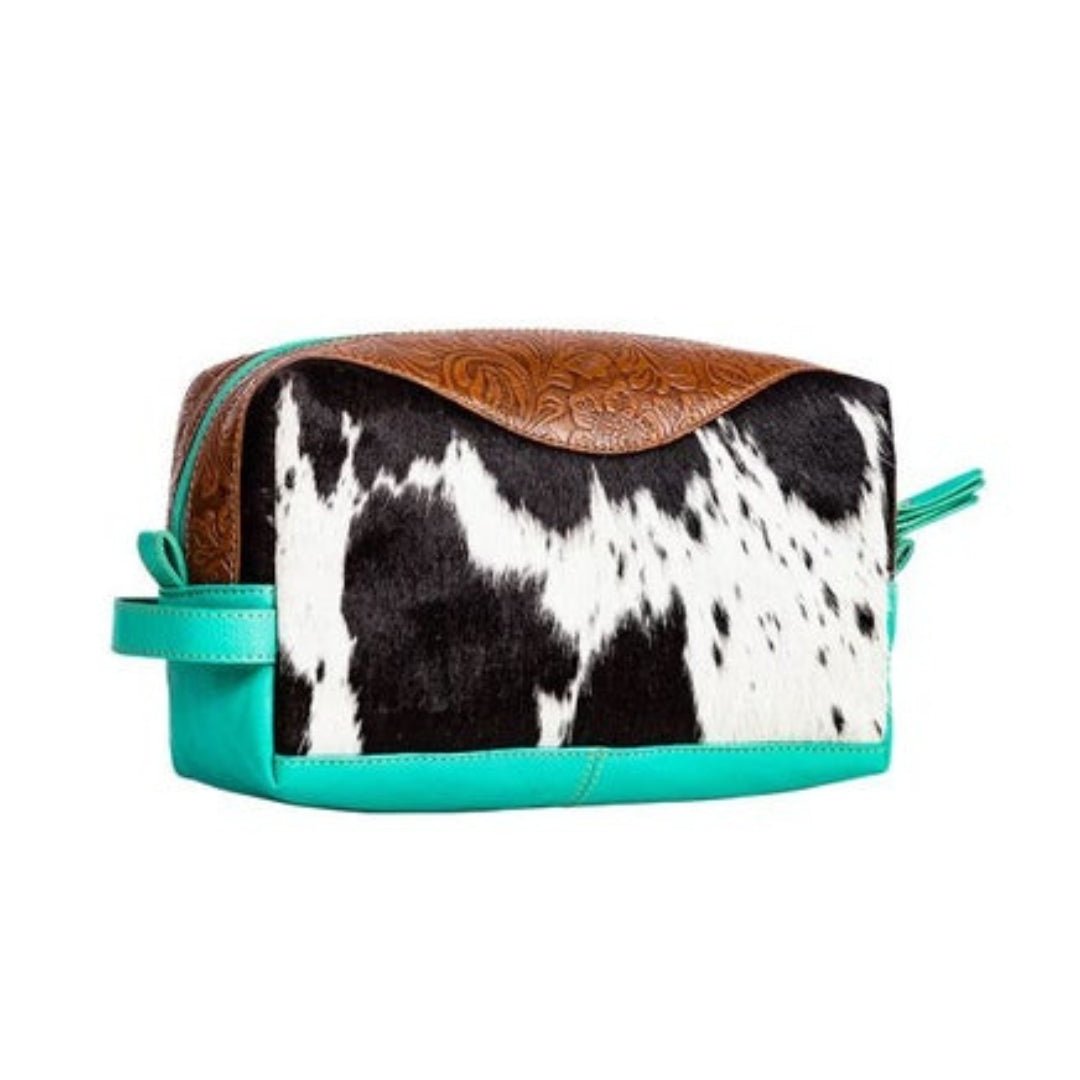 Turquoise Leather Cosmetic Bag with Hair-On Hide & Hand-Tooled Details