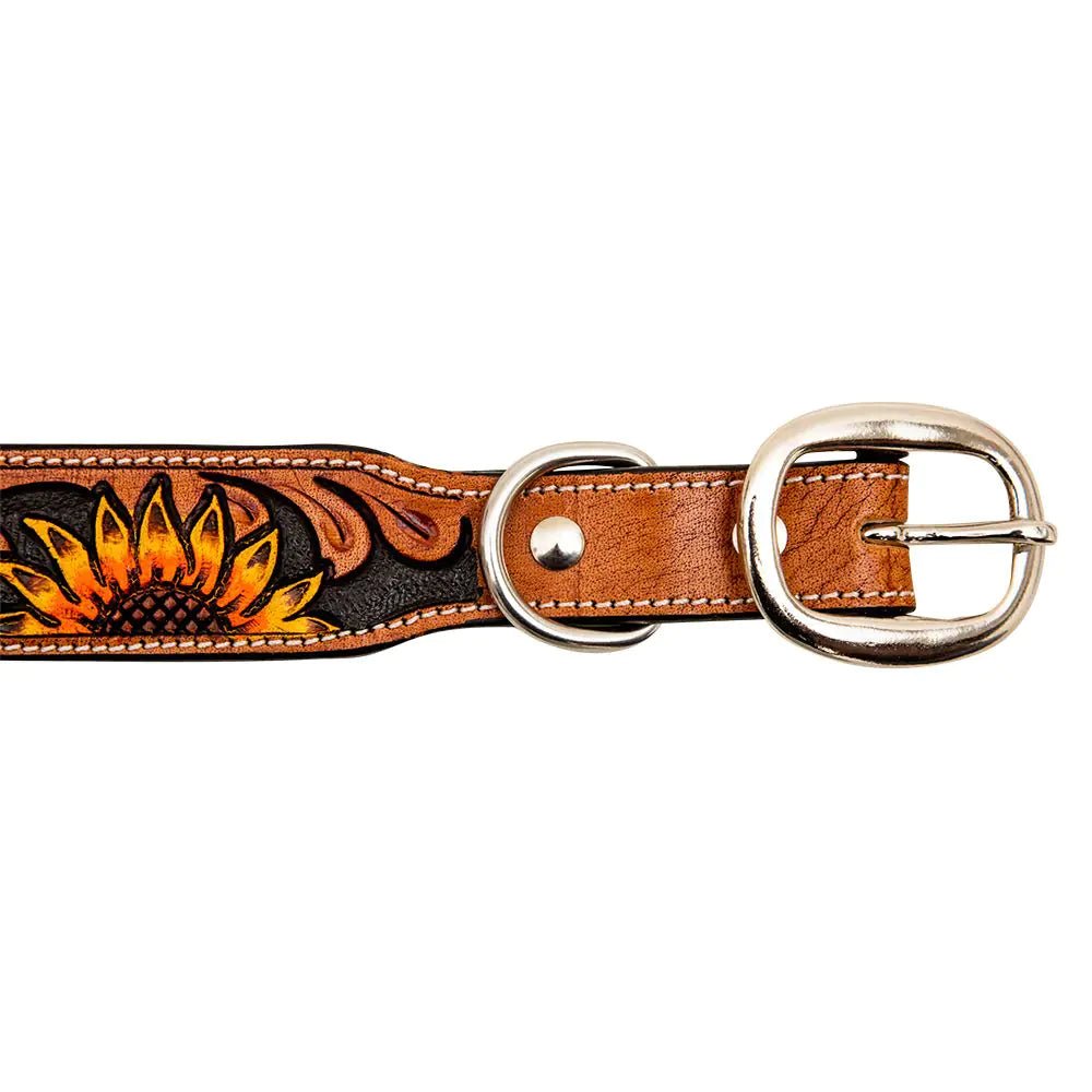 a leather dog collar with a sunflower on it