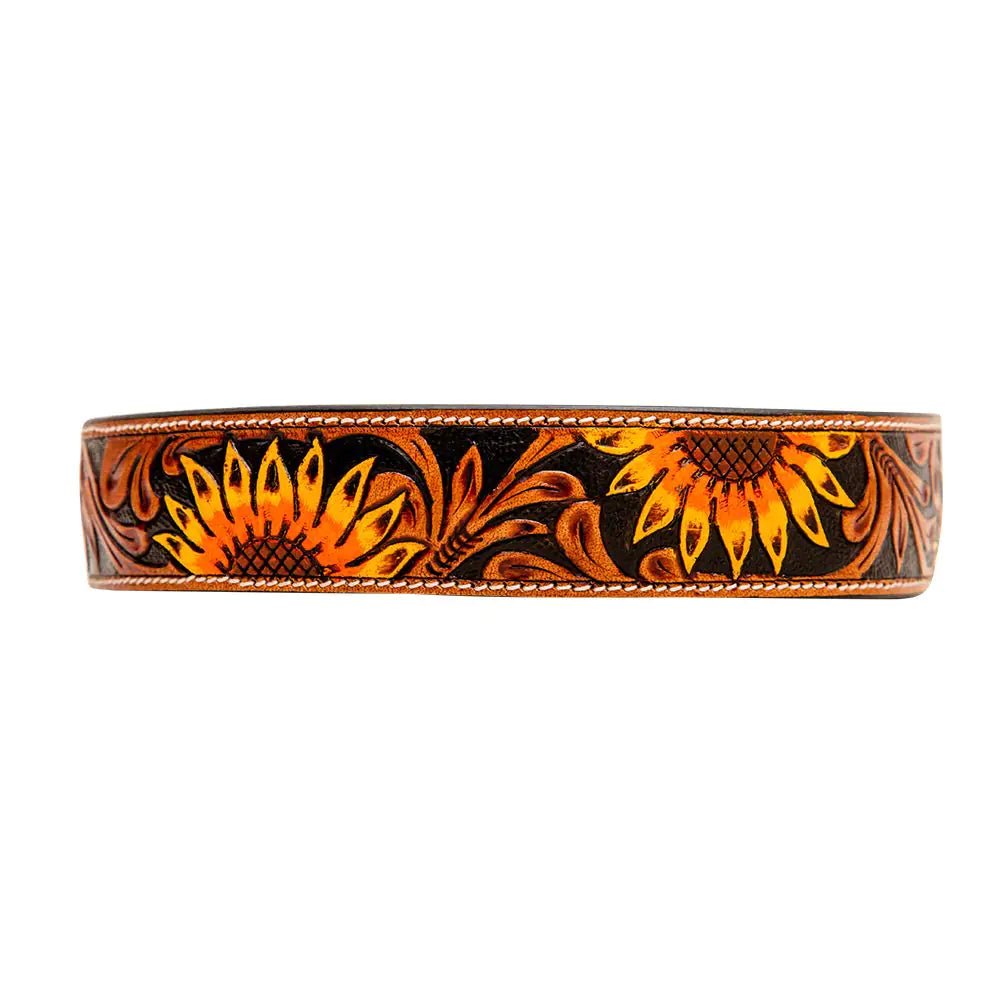 a leather dog collar with sunflowers painted on it