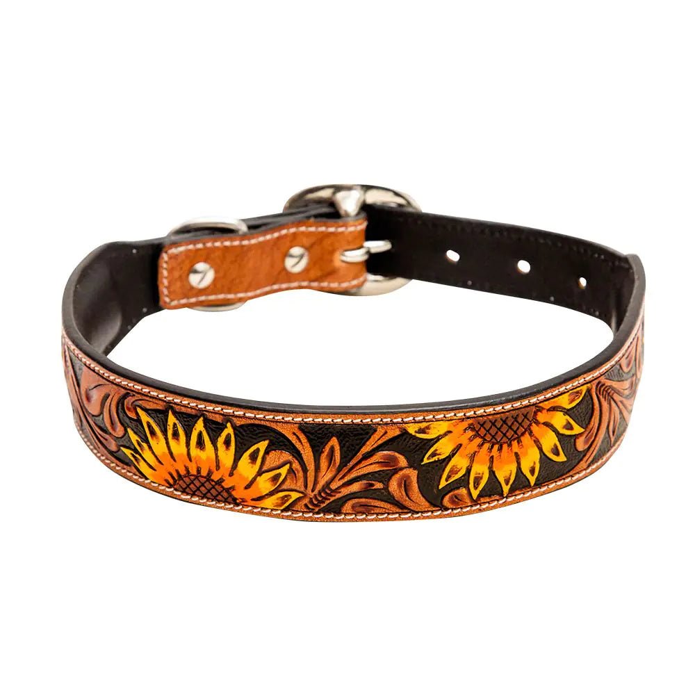 a leather dog collar with sunflowers on it