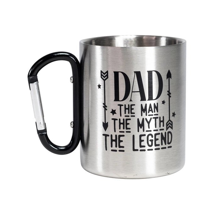 a stainless steel mug with a black handle that says Dad the man the myth the legend on it