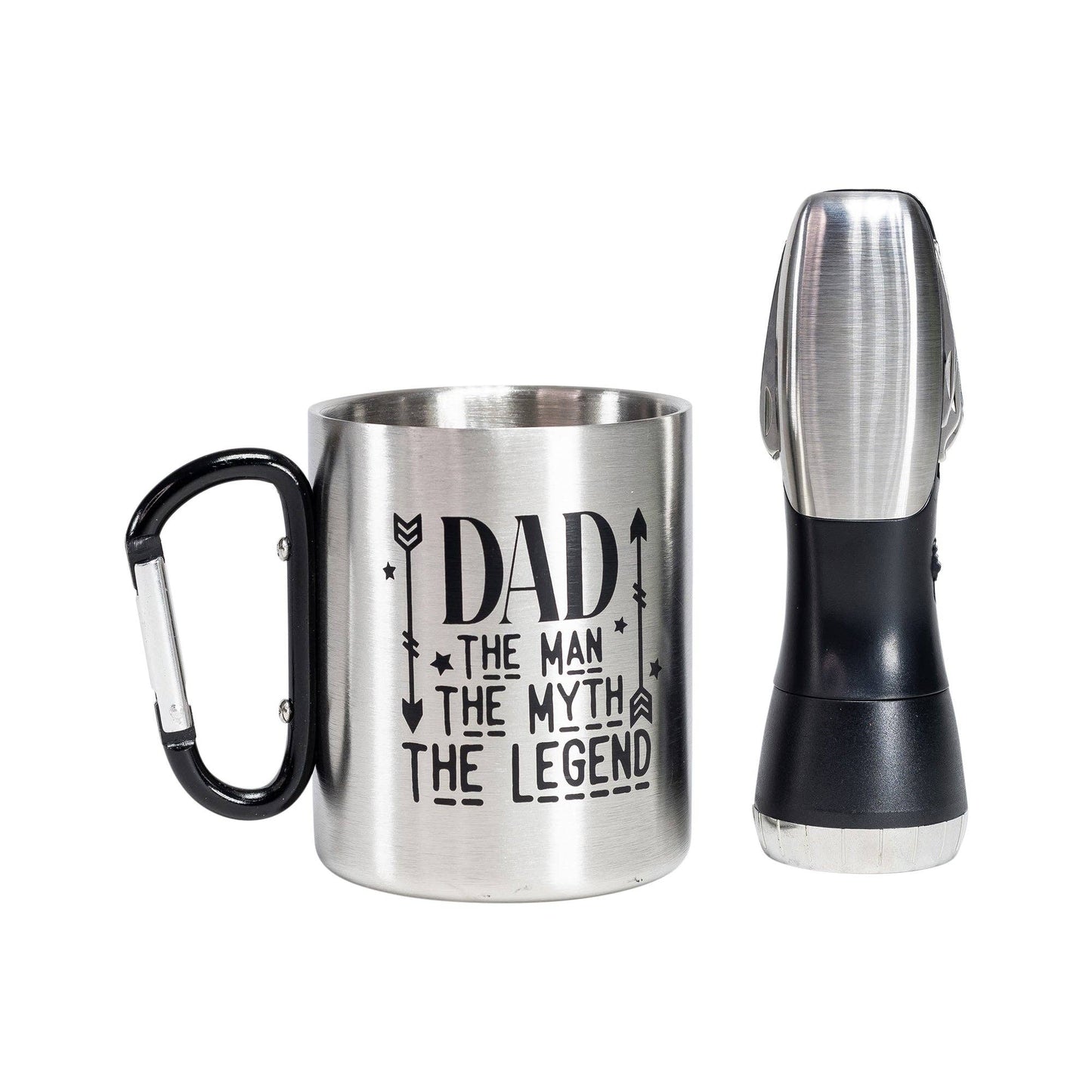 a stainless steel mug with a black handle