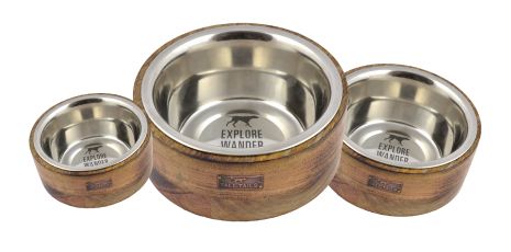 three stainless steel dog bowls with wooden handles