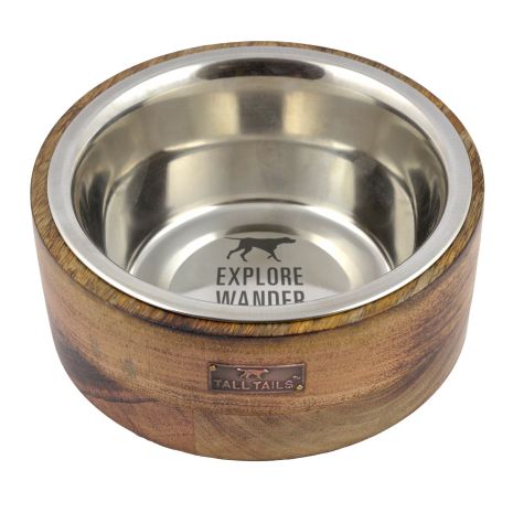 a stainless steel dog bowl with a wooden base