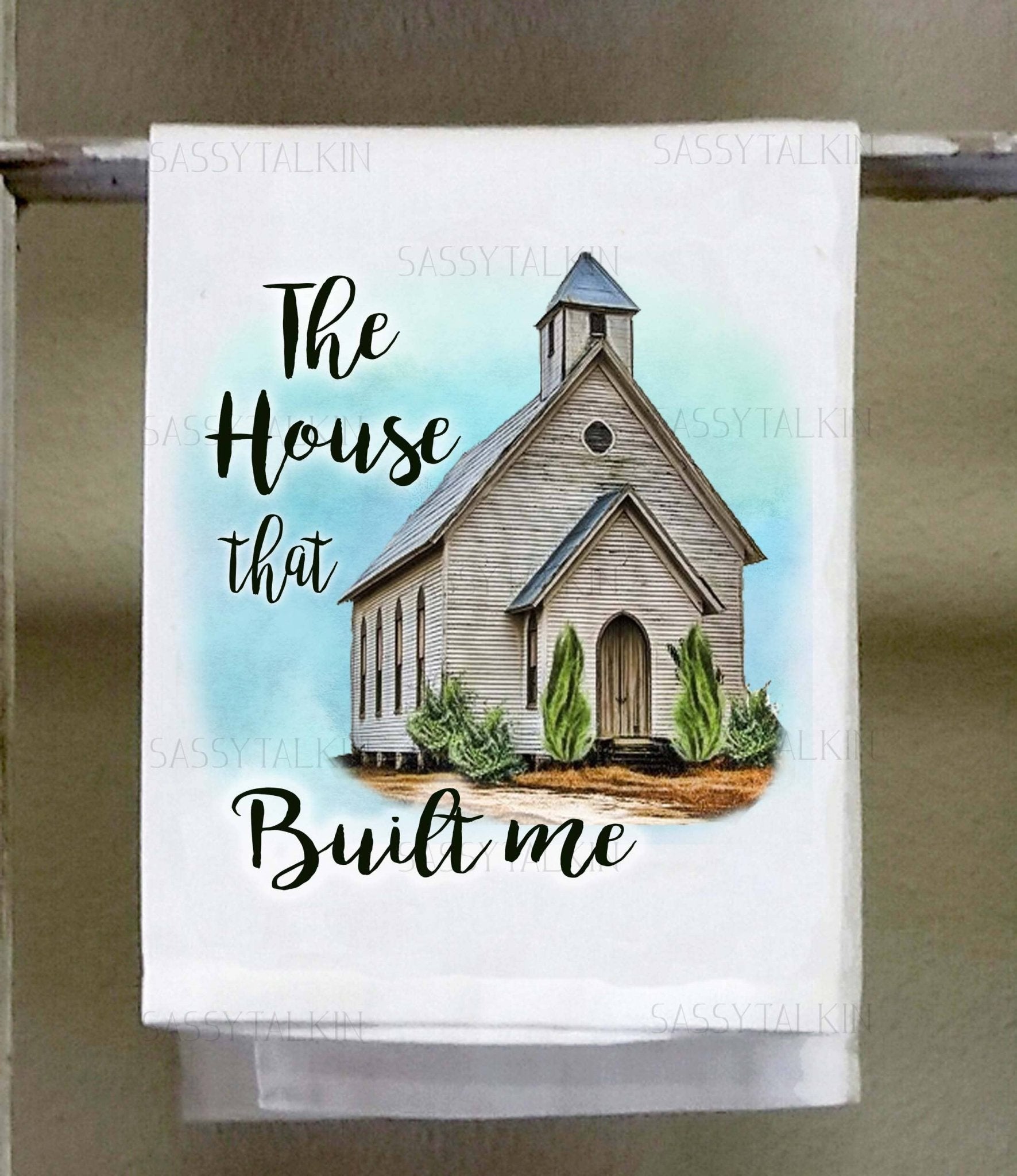 a paper towel with a picture of a church on it