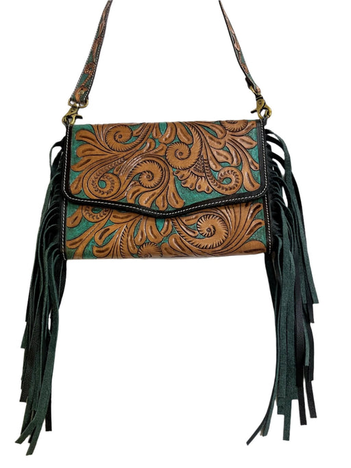 Tooled Turquoise Leather Crossbody with Fringe