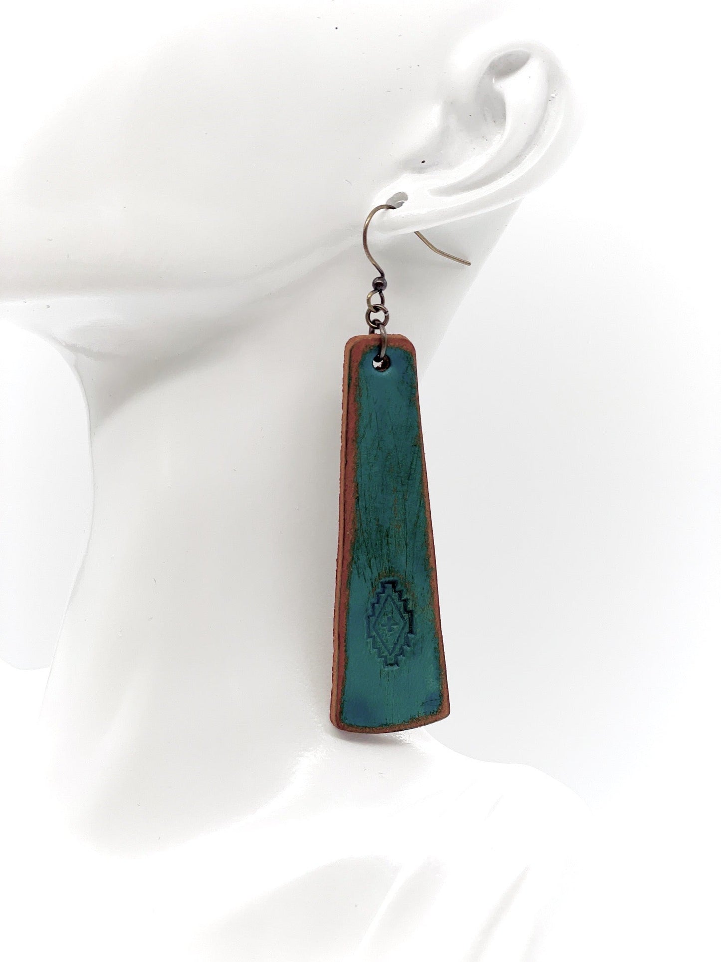 antique turquoise leather stamped earring