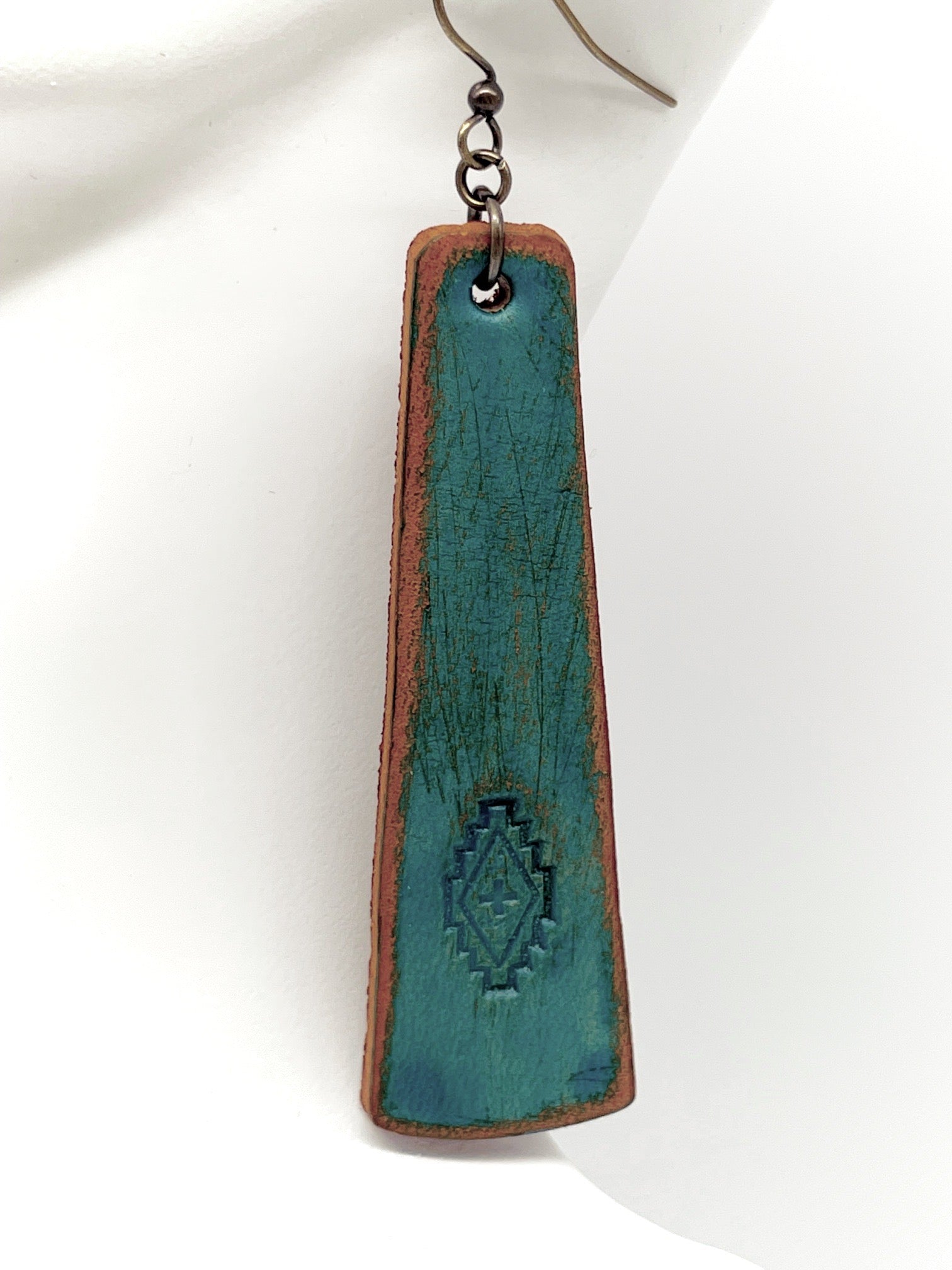 antique turquoise leather stamped earring