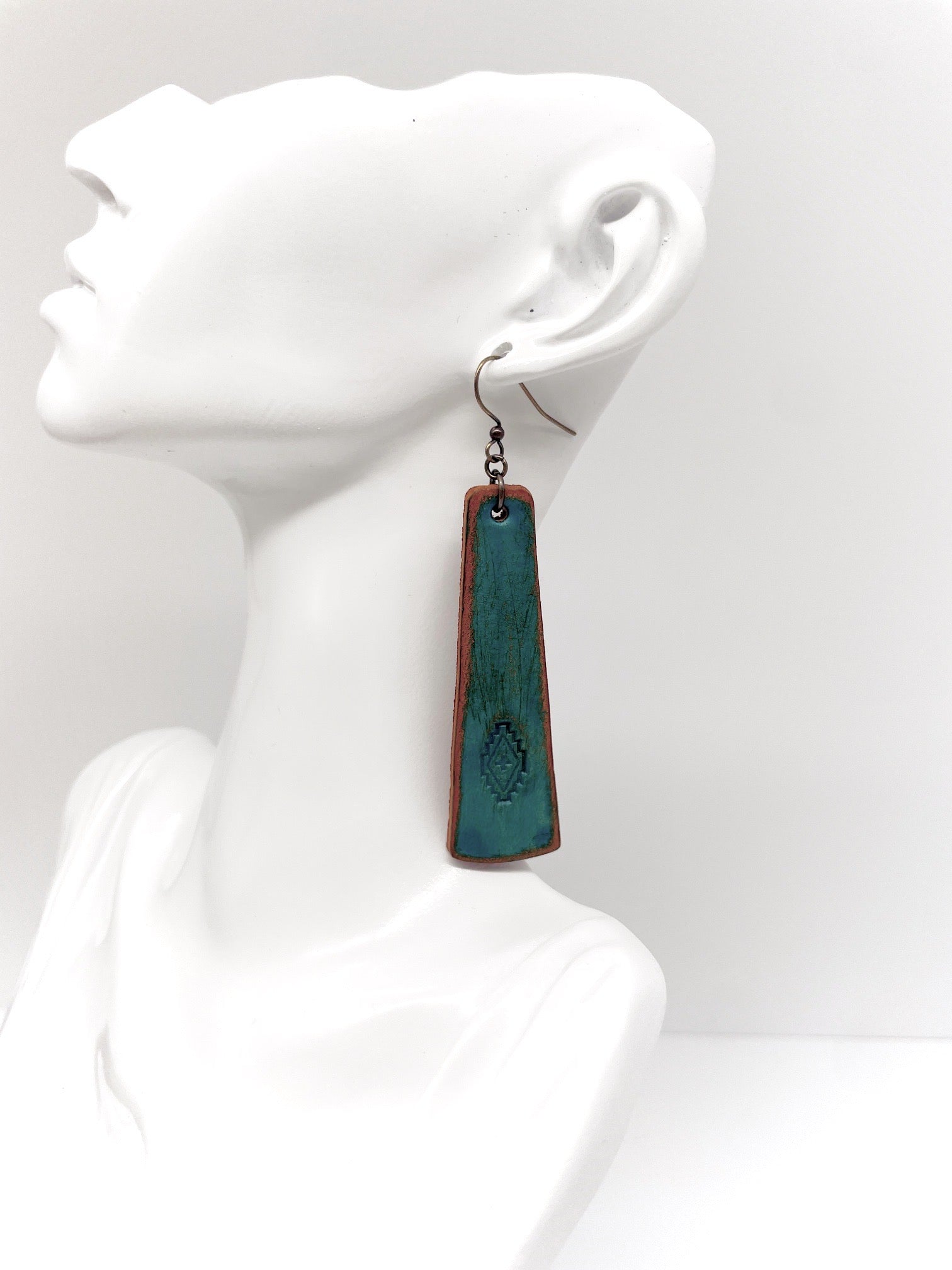 antique turquoise leather stamped earring