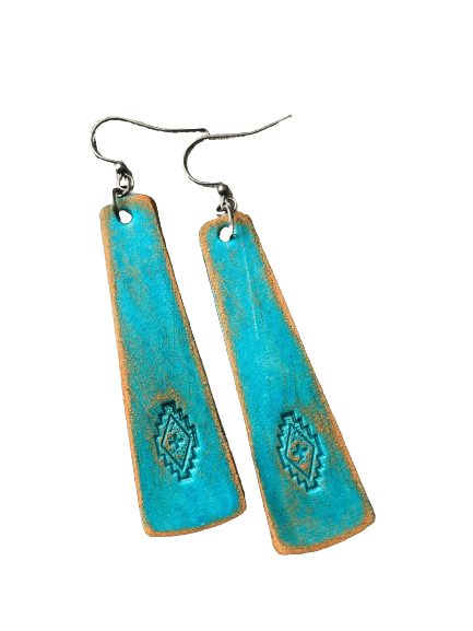 a pair of turquoise and brown earrings