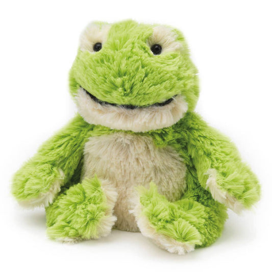 a green stuffed frog with a smile on its face