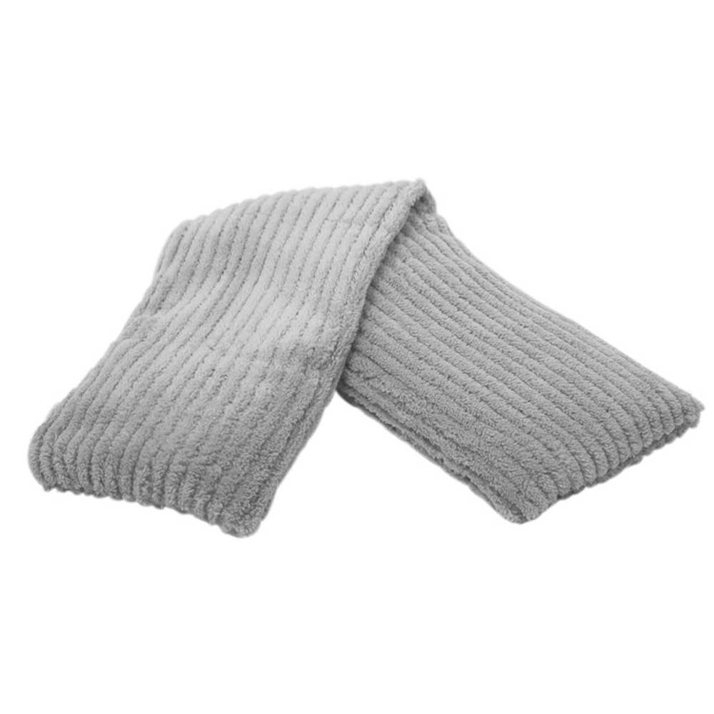 a pair of gray knitted gloves on a white background