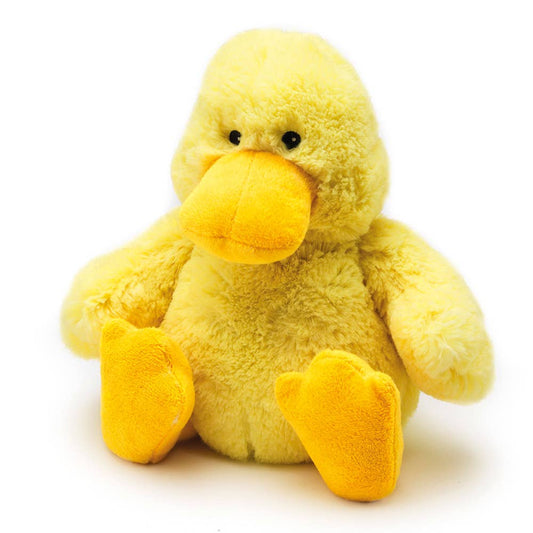 a yellow stuffed duck sitting in front of a white background