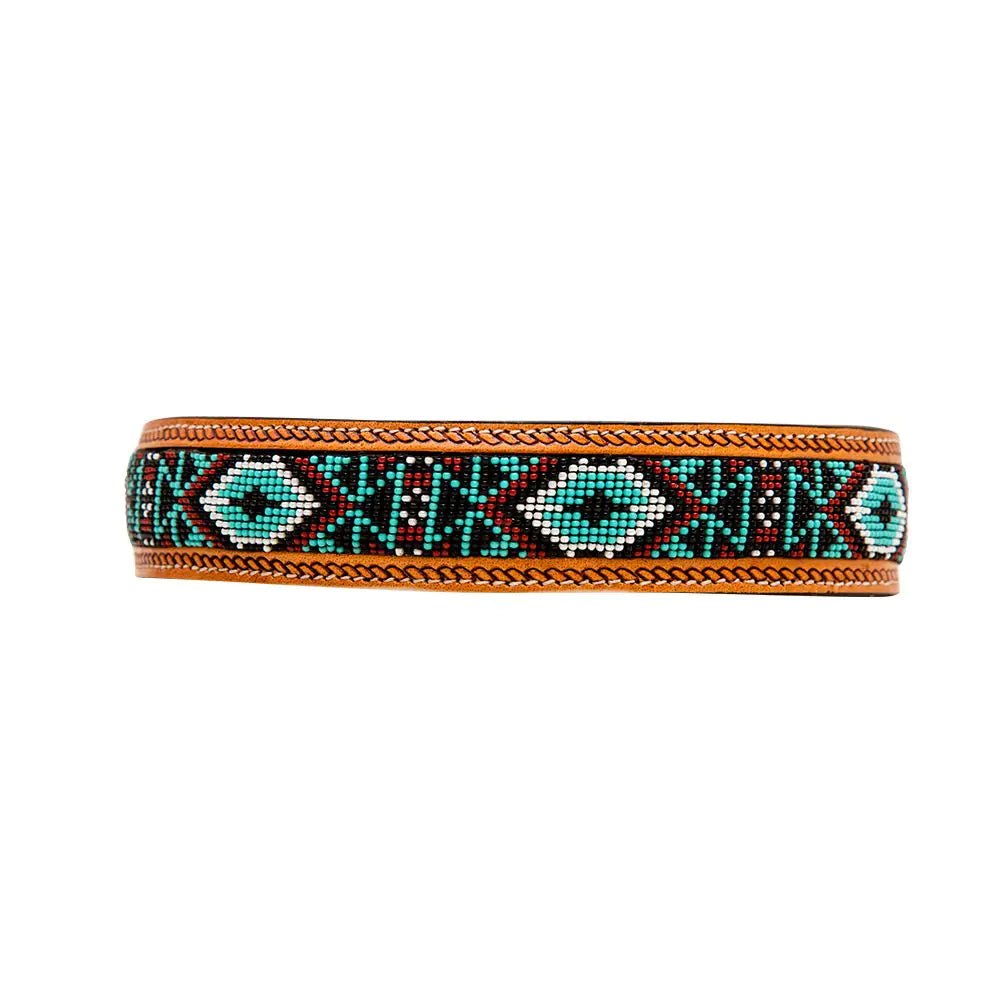 a brown dog collar with blue and green beads