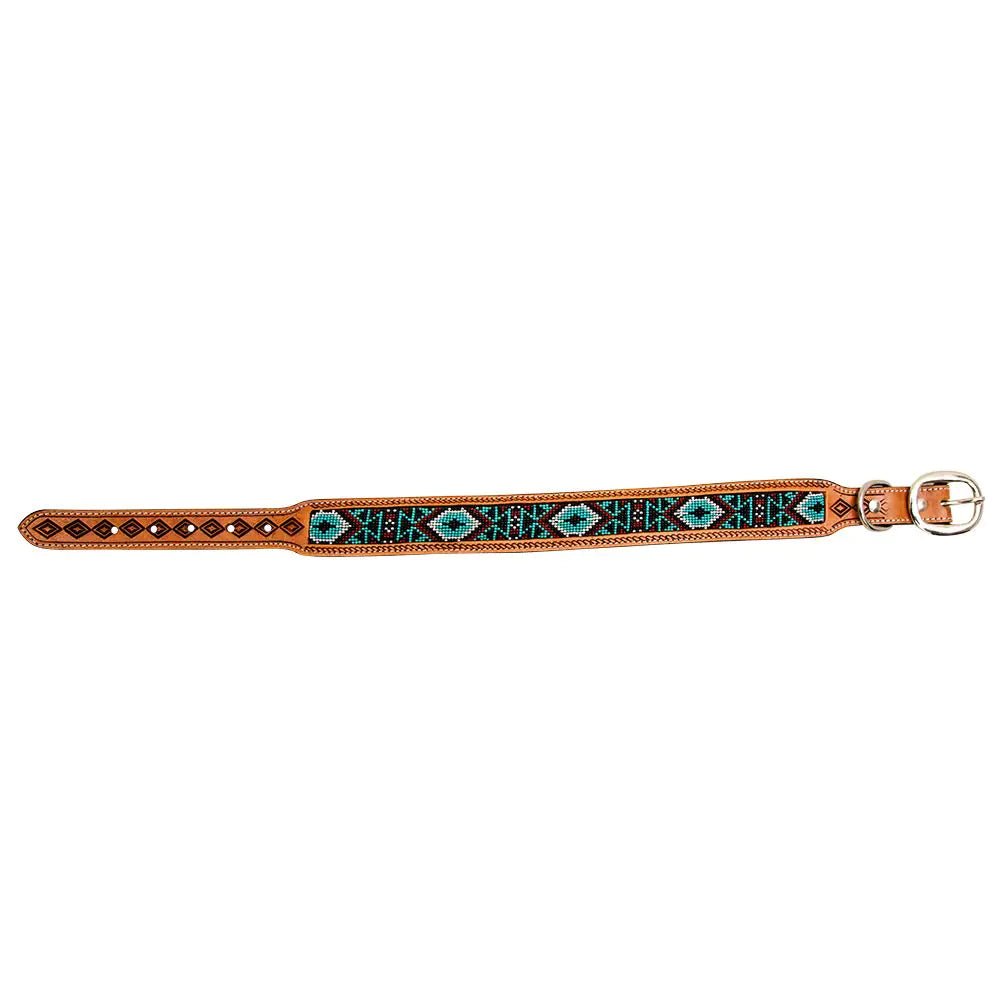 a brown leather dog collar with a blue and green pattern