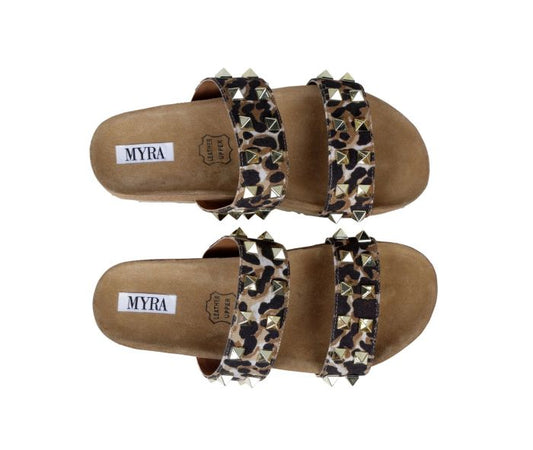 a pair of women's shoes with leopard print straps